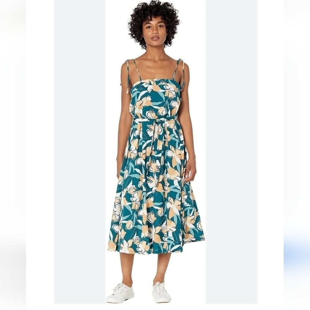 ROXY MIDI SPAGHETTI STRAP FLORAL TROPICAL TURQUOISE DRESS SZ M